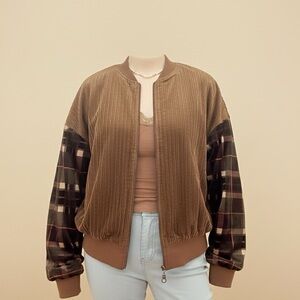 Brown Corduroy Jacket with Plaid Sleeves